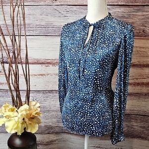 NEW MAISON d' AMELIE BLUE WHITE ABSTRACT DOT TIE NECK LONG SLEEVE BLOUSE